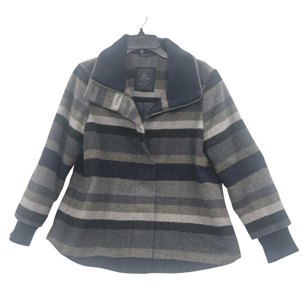Prana Women's Striped Wool Blend Zip Front Lily Jacket Gray Black Size M Coat